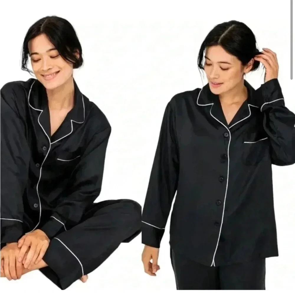 NEW‎ Ettitude S Onyx Black Pajama Long Sleeve Shirt Top with White Trim